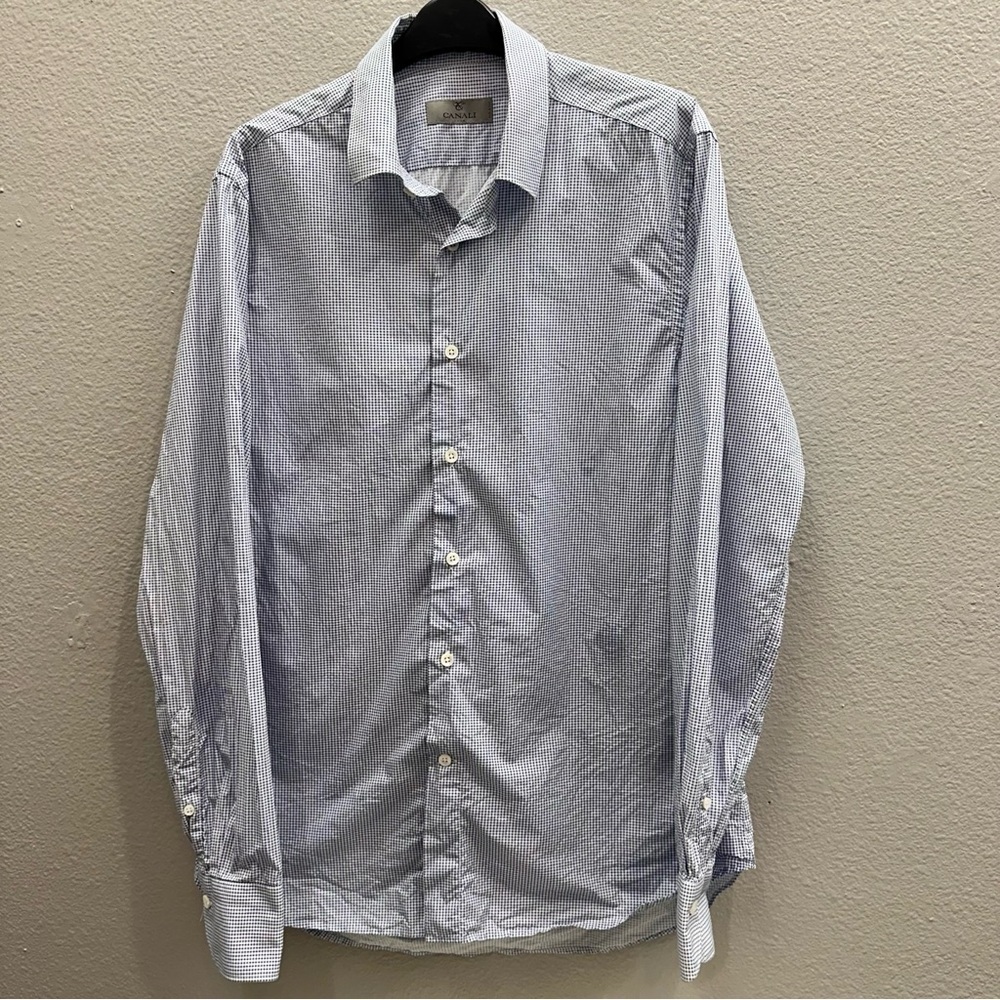Canali Mens Shirt Size Medium Blue Button-Up Shirt Geometric Cotton Classic